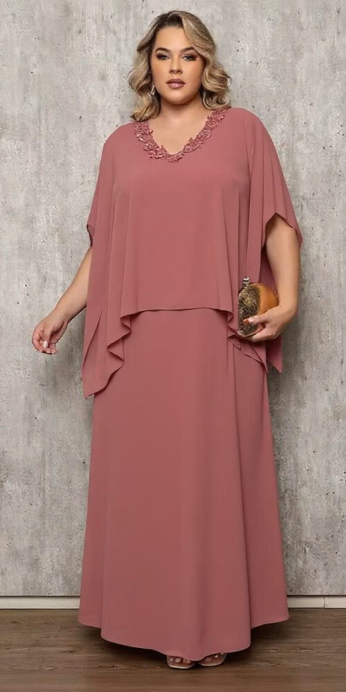 Vestido Festa Capa Longa Bordada Plus Size