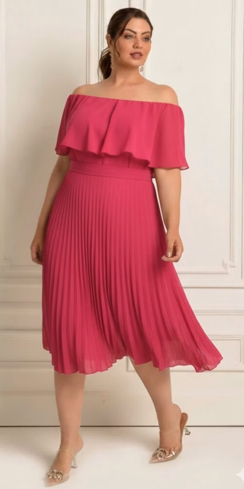 Vestido Midi Festa Plus Size Ombro a Ombro Plissado