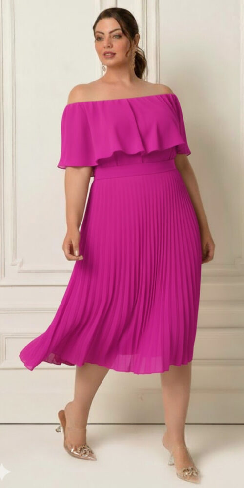 Vestido Midi Festa Plus Size Ombro a Ombro Plissado