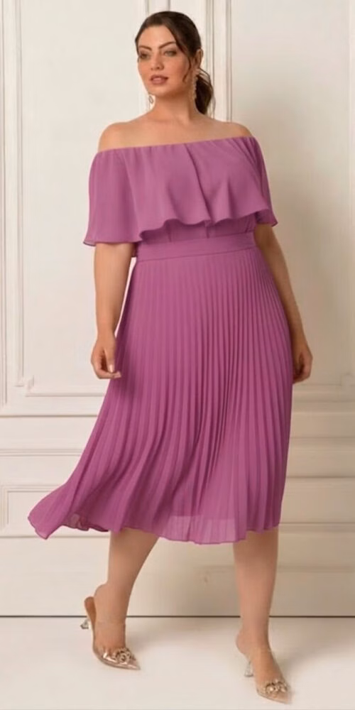 Vestido Festa Plus Size Midi Ombro a Ombro Plissado