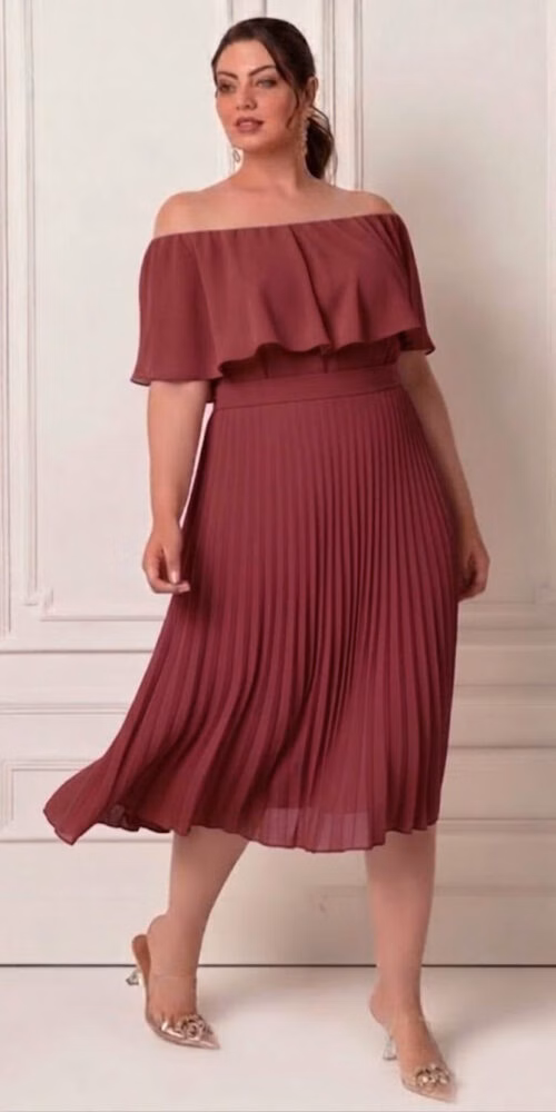 Vestido Festa Plus Size Midi Ombro a Ombro Plissado