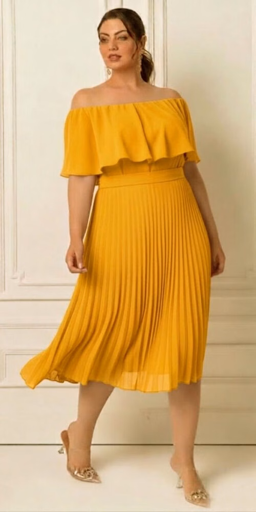 Vestido Festa Plus Size Midi Ombro a Ombro Plissado