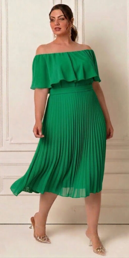 Vestido Festa Plus Size Midi Ombro a Ombro Plissado