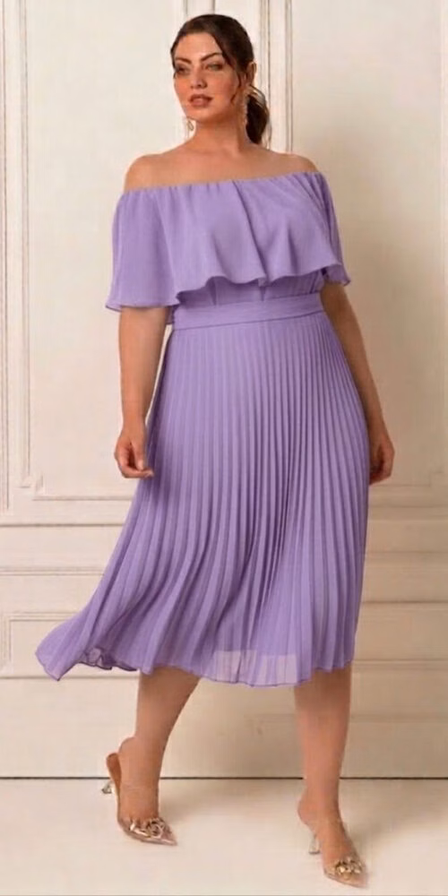 Vestido Festa Plus Size Midi Ombro a Ombro Plissado