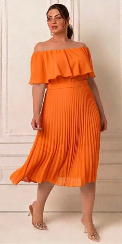 Vestido Festa Plus Size Midi Ombro a Ombro Plissado