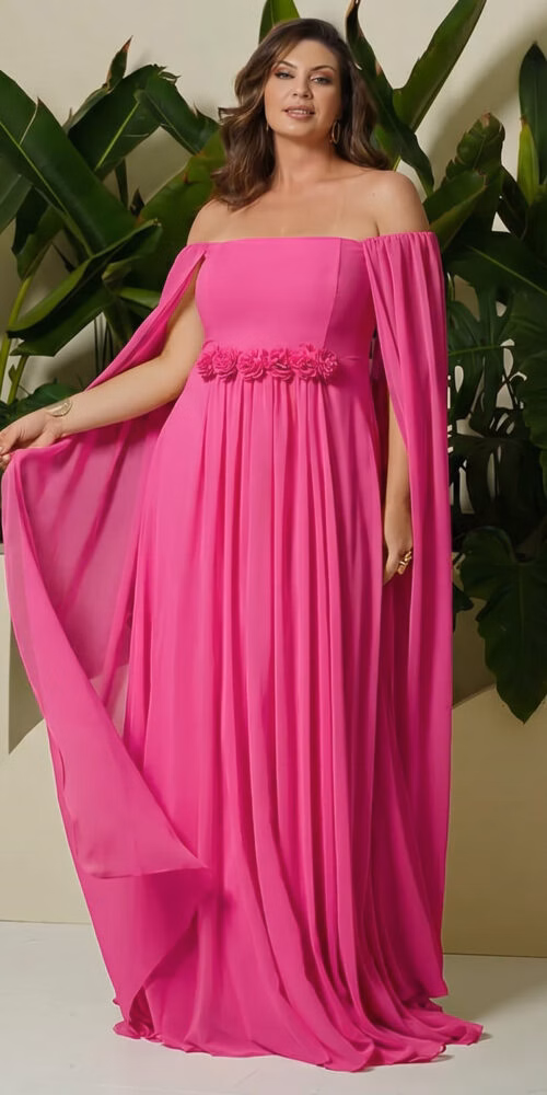 Vestido Festa Manga Capa e Cinto Flores Plus Size