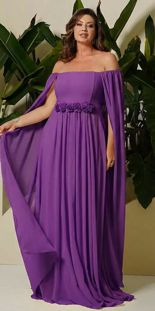 Vestido Festa Manga Capa e Cinto Flores Plus Size