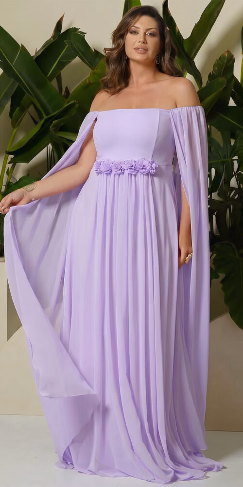 Vestido Festa Manga Capa e Cinto Flores Plus Size