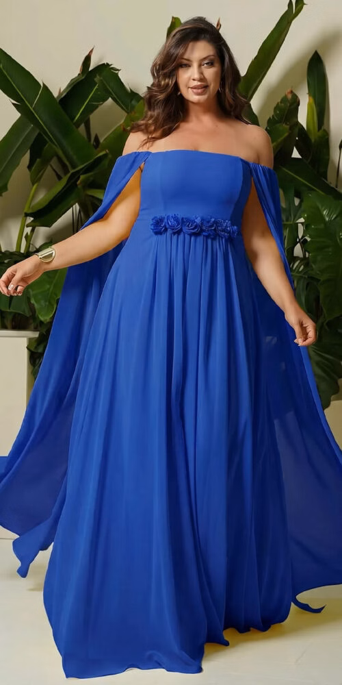Vestido Festa Manga Capa e Cinto Flores Plus Size