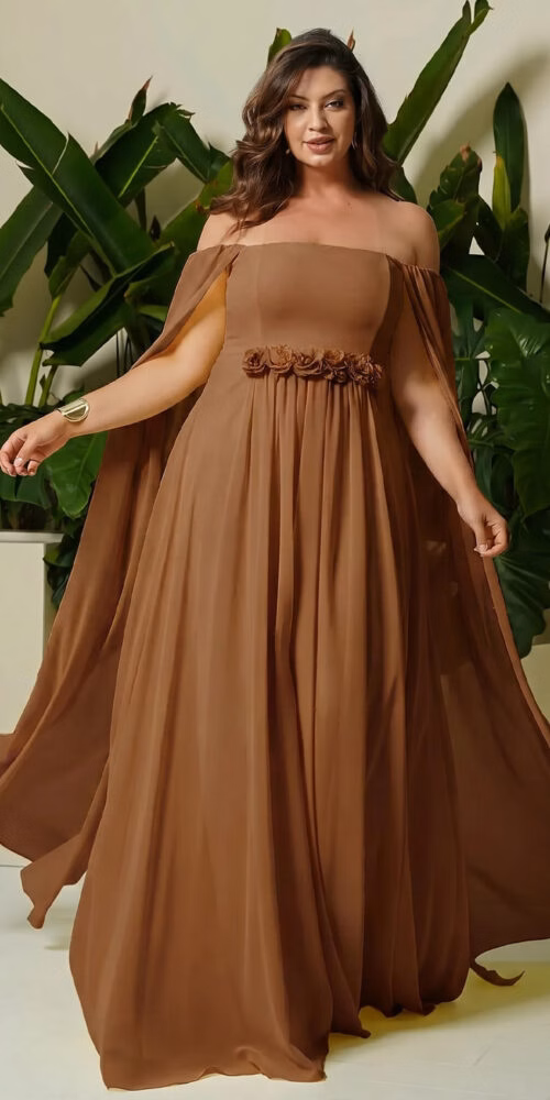 Vestido Festa Manga Capa e Cinto Flores Plus Size