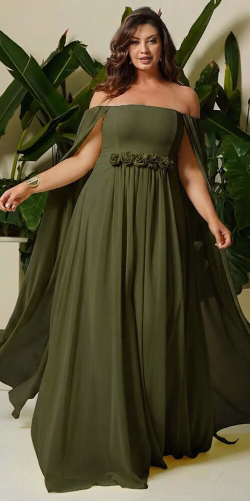 Vestido Festa Manga Capa e Cinto Flores Plus Size