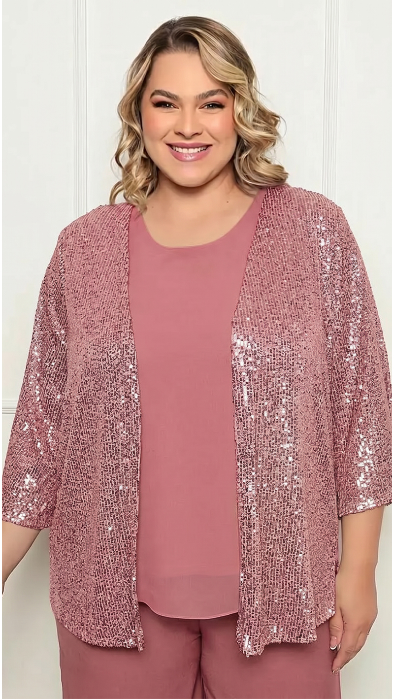 Twint Set com Cardigã em Paetês Plus Size