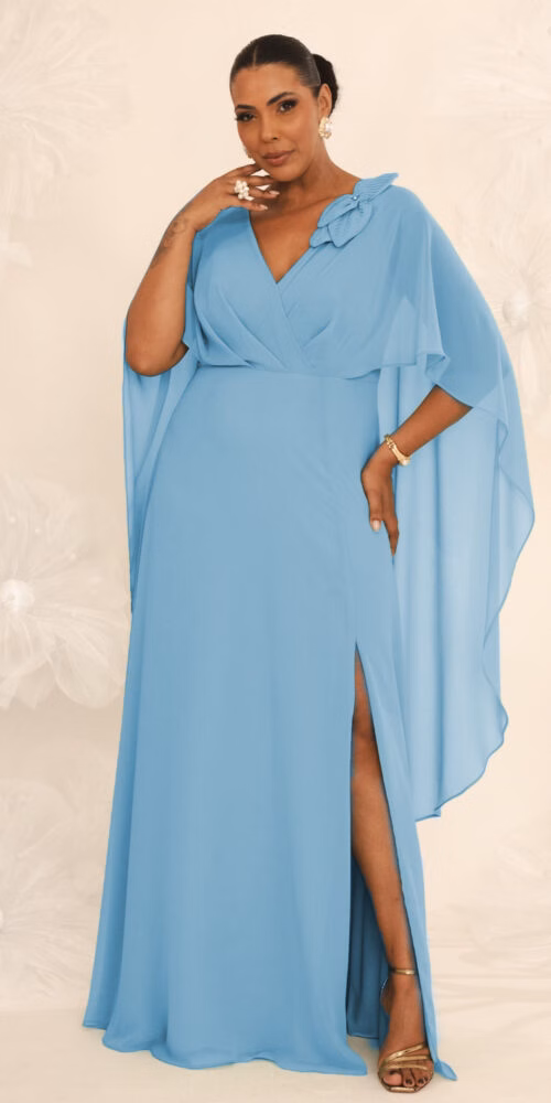 Vestido de Festa Capa Aplicação Flor Plus Size