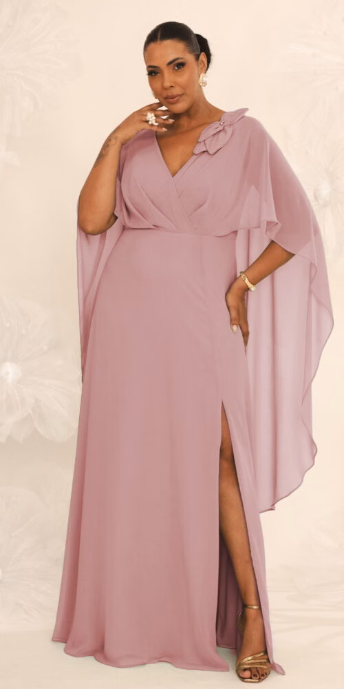 Vestido de Festa Capa Aplicação Flor Plus Size