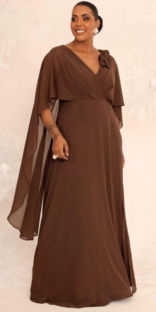 Vestido de Festa Capa Aplicação Flor Plus Size