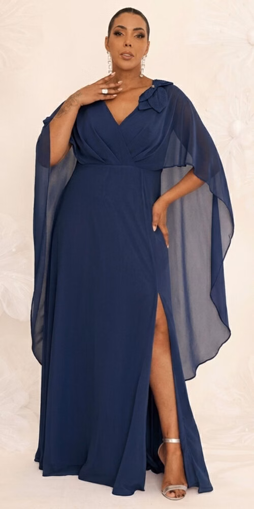Vestido de Festa Capa Aplicação Flor Plus Size