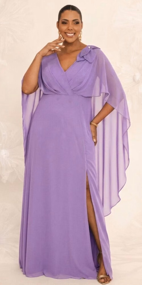 Vestido de Festa Capa Aplicação Flor Plus Size