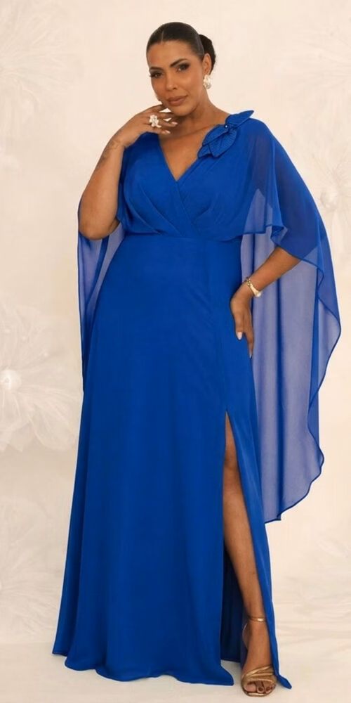 Vestido de Festa Capa Aplicação Flor Plus Size