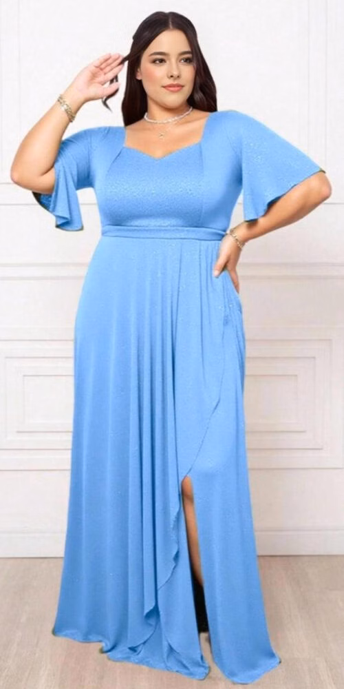 Vestido Festa Gliterado Decote Princesa Plus Size
