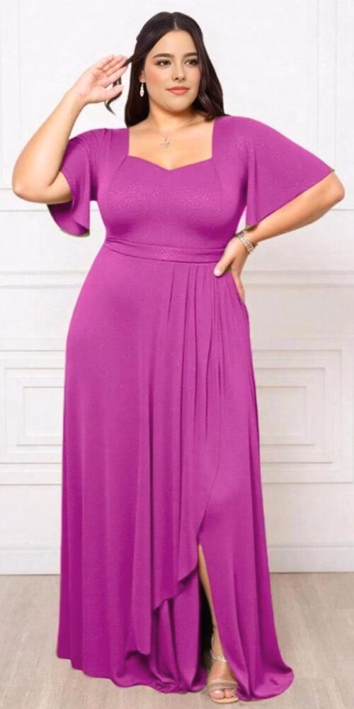 Vestido Festa Gliterado Decote Princesa Plus Size
