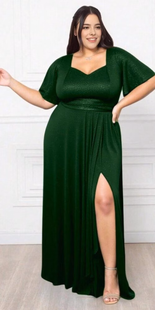 Vestido Festa Gliterado Decote Princesa Plus Size