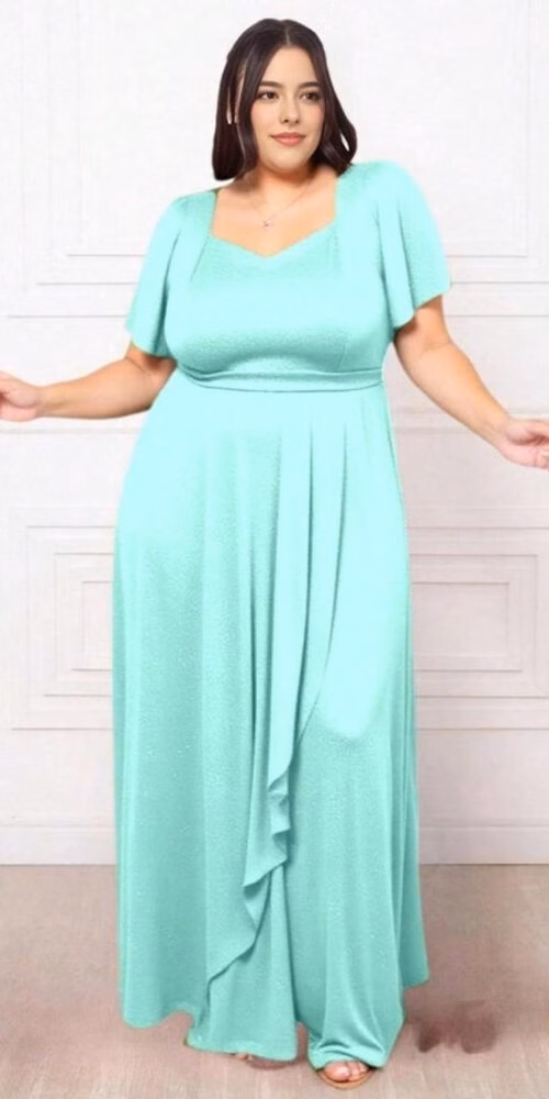 Vestido Festa Gliterado Decote Princesa Plus Size