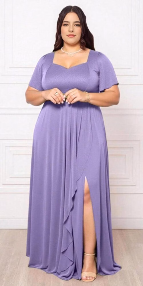 Vestido Festa Gliterado Decote Princesa Plus Size