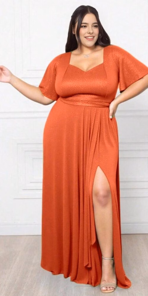 Vestido Festa Gliterado Decote Princesa Plus Size