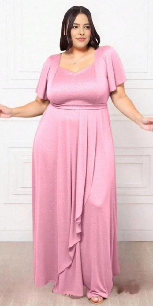 Vestido Festa Gliterado Decote Princesa Plus Size