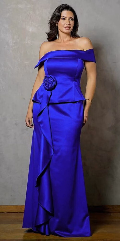 Vestido Festa Cetim Ombro a Ombro Assimétrico Plus Size