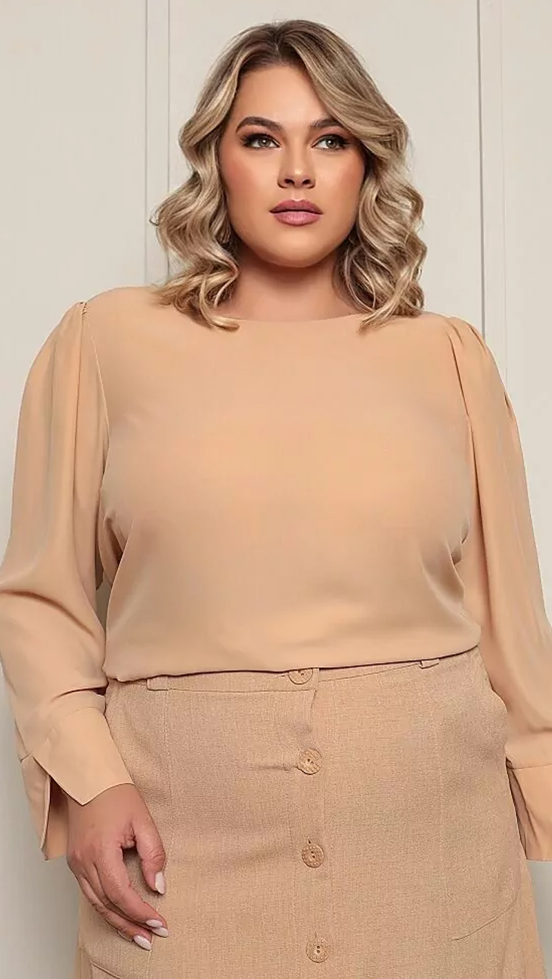 Blusa Manga Longa Crepe Plus Size