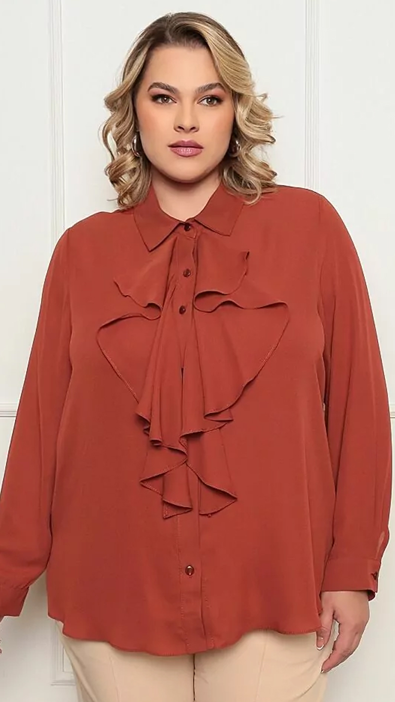 Camisa Crepe com Jabour Plus Size