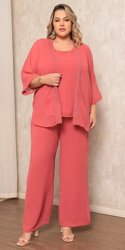 Conjunto 3 peças Bordado Manual Plus Size