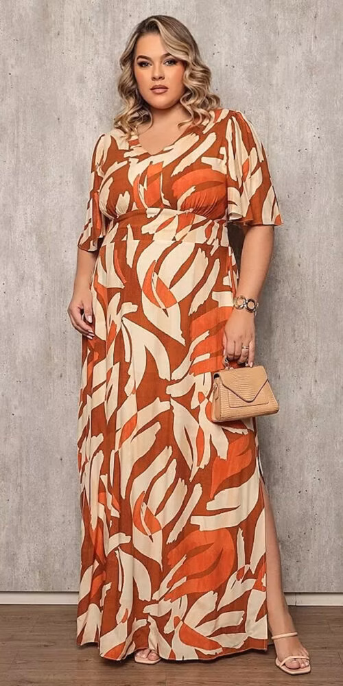 Vestido Longo Viscolinho Estampado Plus Size