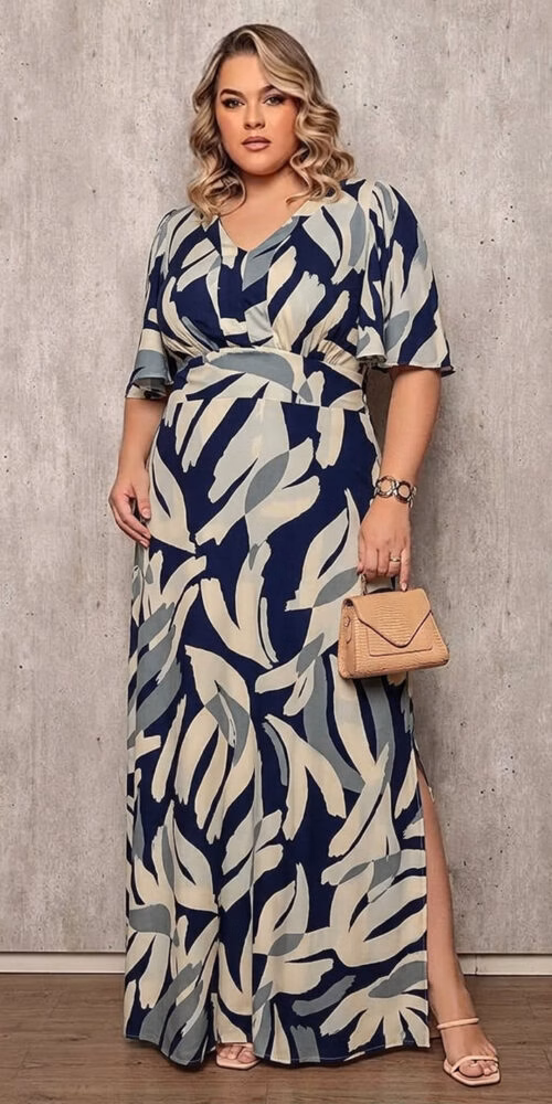 Vestido Longo Viscolinho Estampado Plus Size
