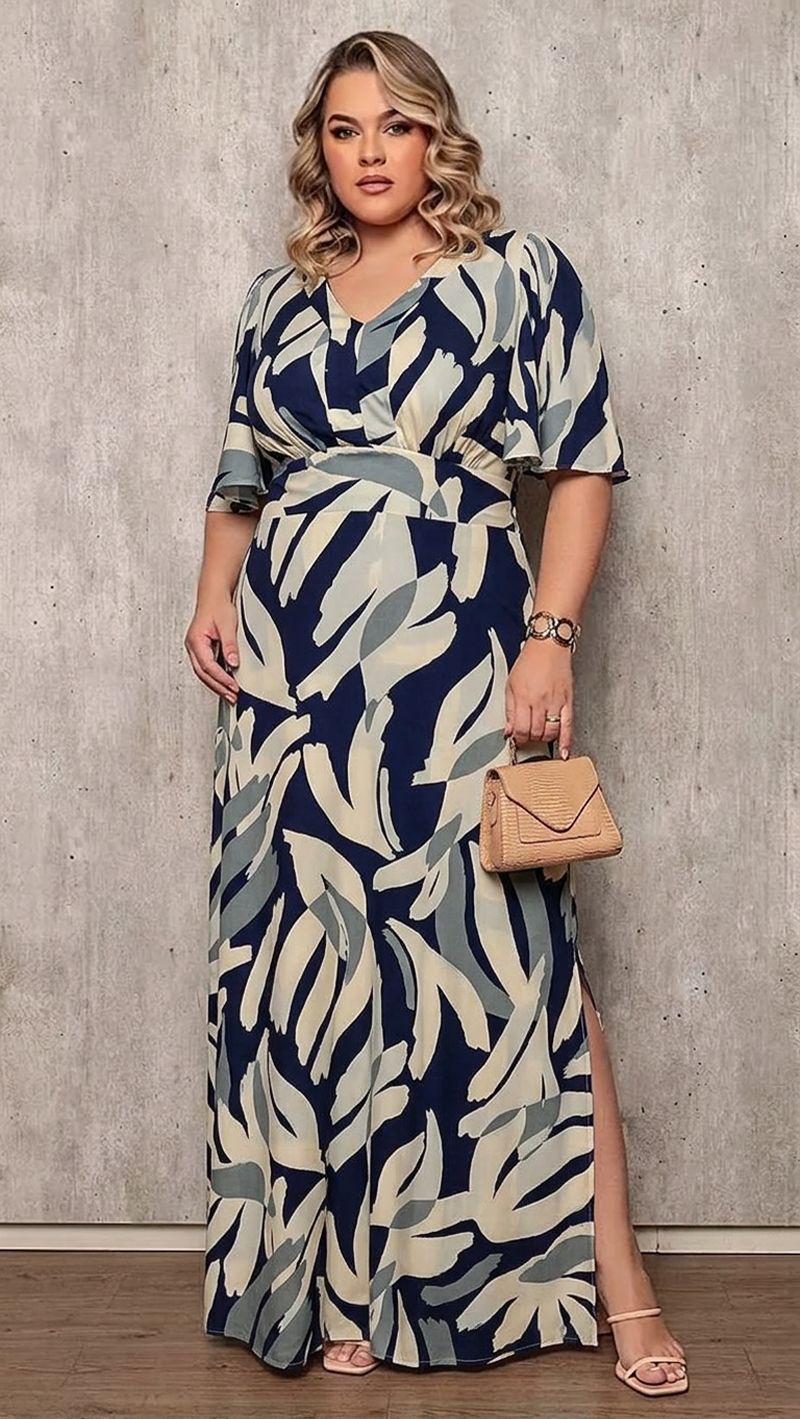 Vestido Longo Viscolinho Estampado Plus Size