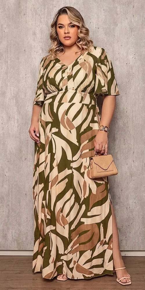 Vestido Longo Viscolinho Estampado Plus Size