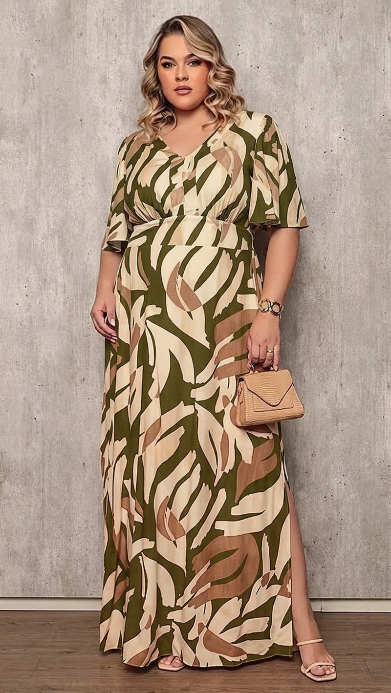 Vestido Longo Viscolinho Estampado Plus Size