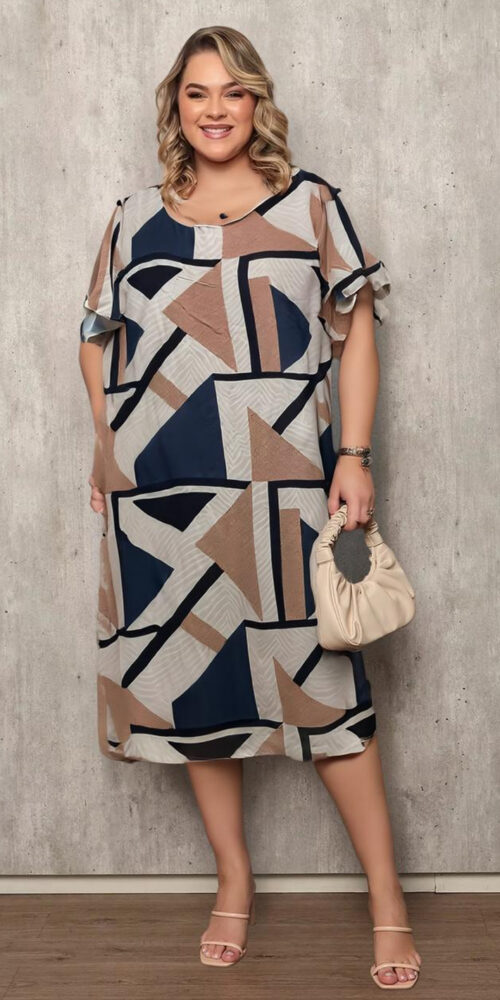 Vestido Midi Estampa Geométrica Plus Size