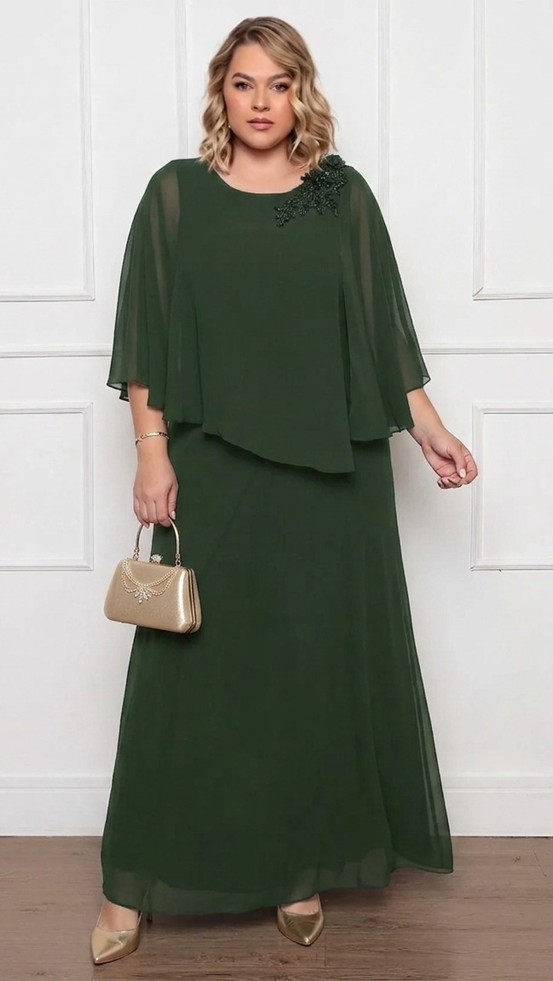 Vestido Festa Capa Aberta e Bordada Plus Size