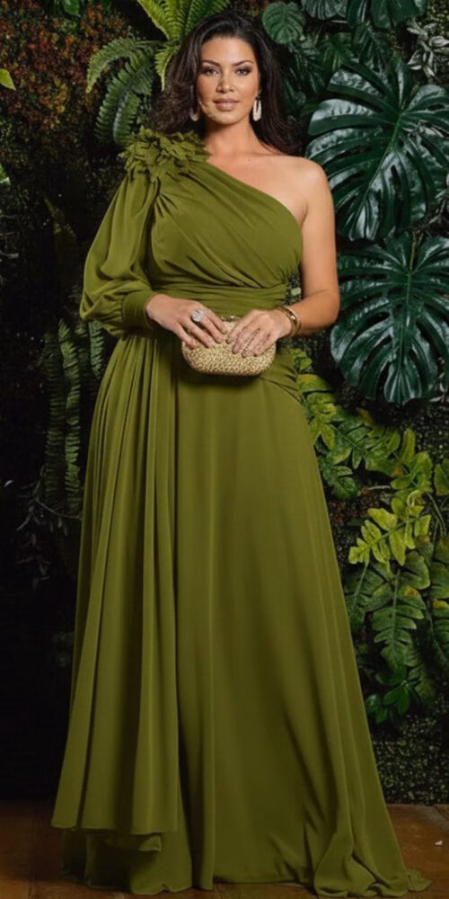 Vestido Festa Ombro Só Manga Removível Plus Size