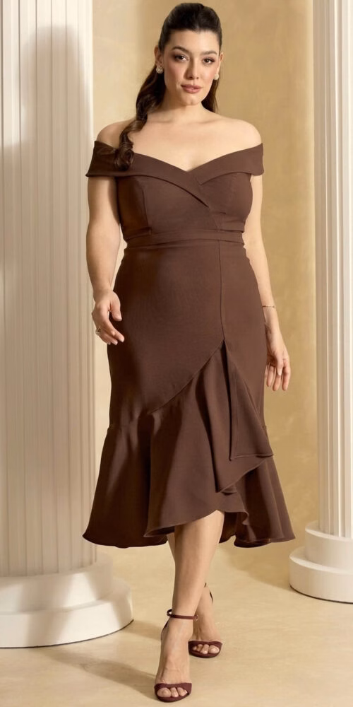 Vestido Midi Elastano Babado Plus Size