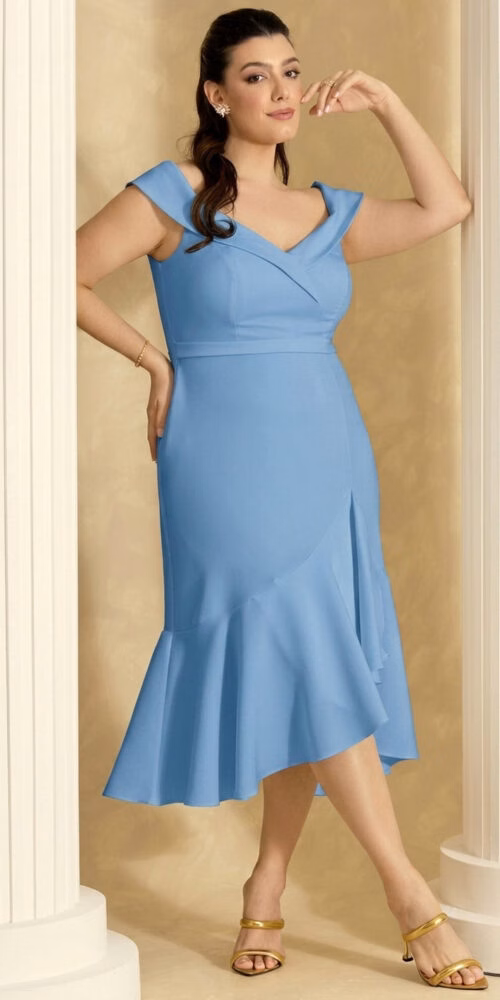 Vestido Midi Elastano Babado Plus Size