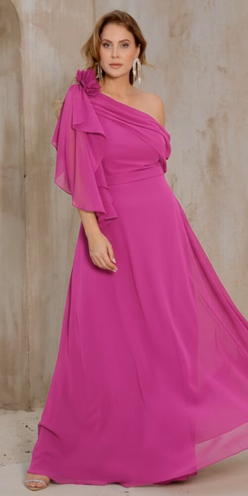 Vestido Festa Ombro só Capa Drapeada Plus Size