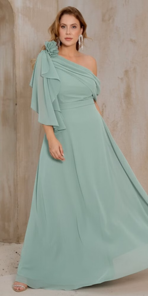 Vestido Festa Ombro só Capa Drapeada Plus Size
