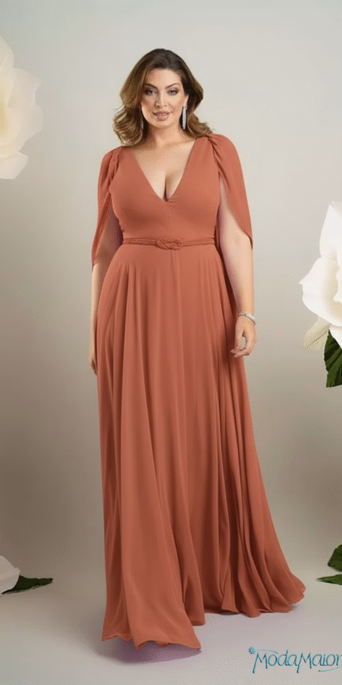 Vestido Plus Size em Crepe Manga Infinita de Festa