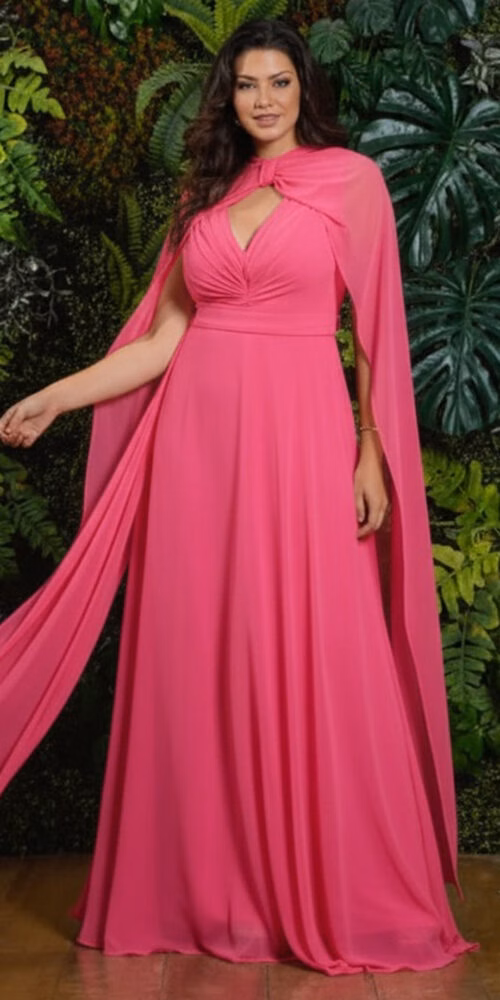 Vestido Plus Size Festa com Capa e Broche Removíveis