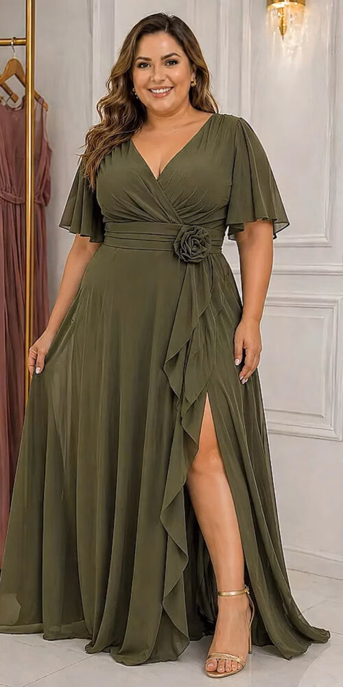 Vestido de Festa Mangas Flair com Flor Plus Size