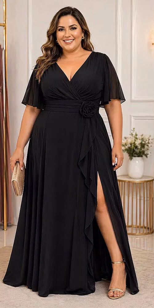 Vestido de Festa Mangas Flair com Flor Plus Size
