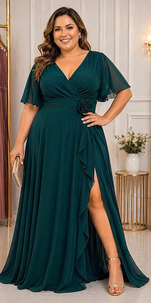 Vestido de Festa Mangas Flair com Flor Plus Size